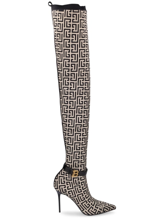 Balmain: 110mm Raven monogram knit tall boots - Black/Ivory - women_0 | Luisa Via Roma