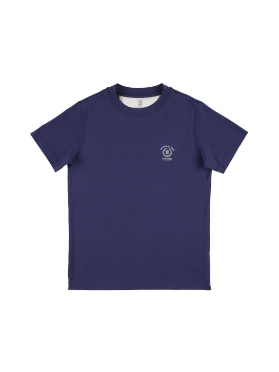 Brunello Cucinelli: T-Shirt aus Baumwolljersey mit Logodruck - Dunkelblau - kids-boys_0 | Luisa Via Roma