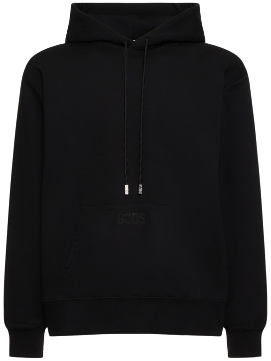 GCDS: Crystal logo cotton hoodie - Black - men_0 | Luisa Via Roma