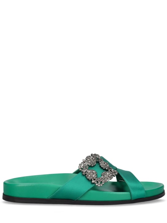Manolo Blahnik: 10mm Chilanghi satin flat sandals - Emerald - women_0 | Luisa Via Roma