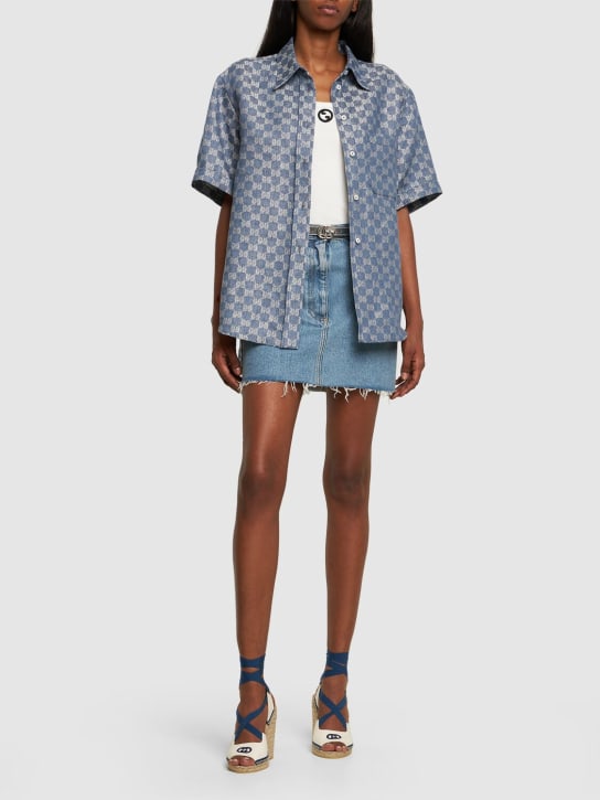 Gucci: GG linen jacquard short sleeve shirt - Blue/Grey - women_1 | Luisa Via Roma
