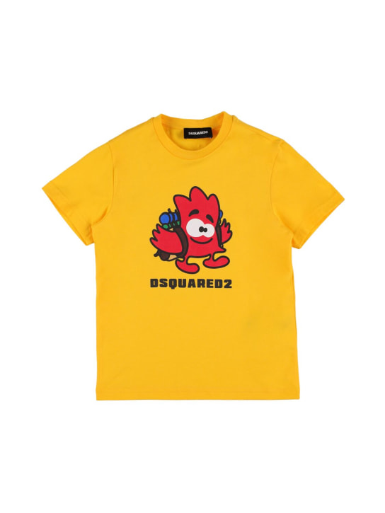 Dsquared2: T-shirt en jersey de coton imprimé logo - Jaune - kids-boys_0 | Luisa Via Roma