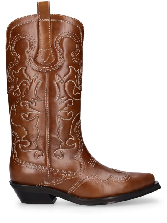 GANNI: 40mm Mid shaft embroidered western boots - Brown - women_0 | Luisa Via Roma