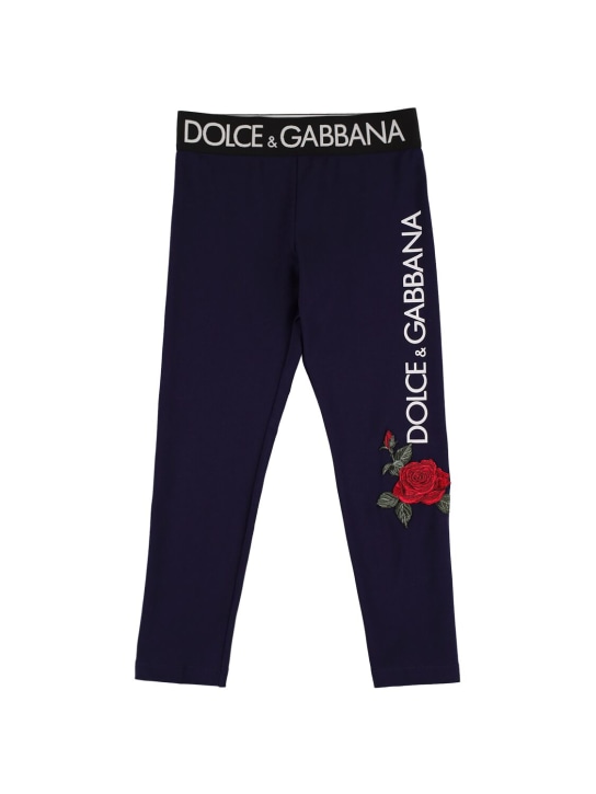 Dolce&Gabbana: Legging en coton imprimé logo avec bande logo - Bleu Marine - kids-girls_0 | Luisa Via Roma