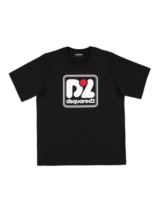 Dsquared2: T-shirt en jersey de coton imprimé logo - Noir - kids-boys_0 | Luisa Via Roma