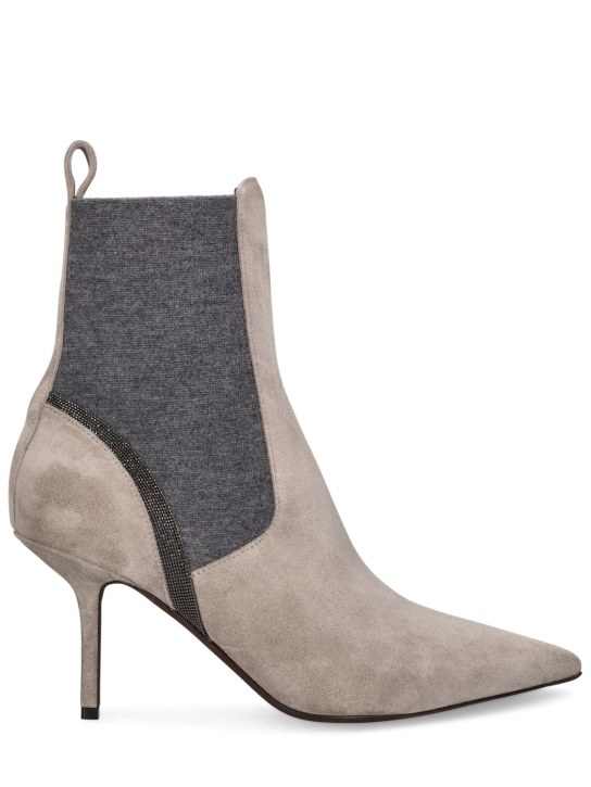 Brunello Cucinelli: 95mm Suede ankle boots - Taupe - women_0 | Luisa Via Roma