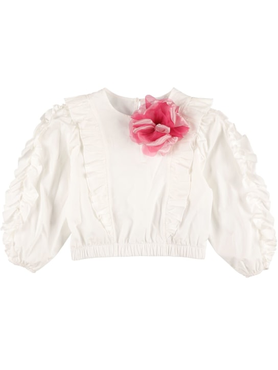 Monnalisa: Cotton shirt w/flower - Off White - kids-girls_0 | Luisa Via Roma