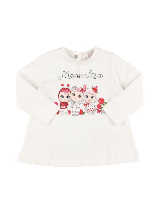 Monnalisa: Printed cotton long sleeve t-shirt - Off White - kids-girls_0 | Luisa Via Roma