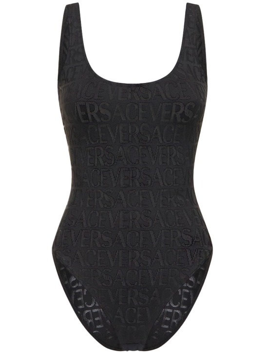 Versace: Body de malla con logo - Negro - women_0 | Luisa Via Roma