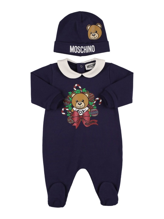 Moschino: Barboteuse & bonnet en coton imprimé - Bleu Marine - kids-boys_0 | Luisa Via Roma