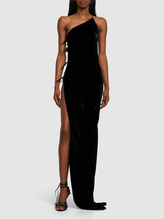 Rick Owens: Taco lace-up velvet long dress w/cutout - Black - women_1 | Luisa Via Roma