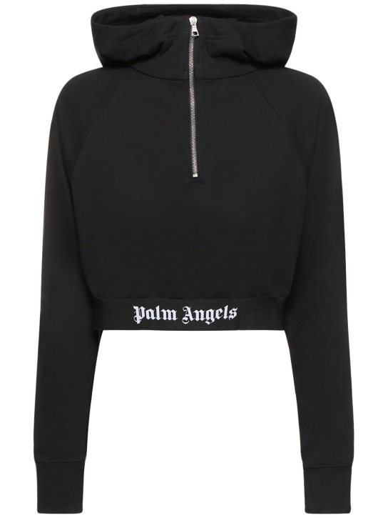 Palm Angels: Logo tape cotton crop hoodie - Black - women_0 | Luisa Via Roma