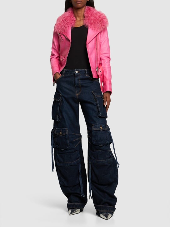 Blumarine: Belted leather jacket w/ fur collar - Pink - women_1 | Luisa Via Roma
