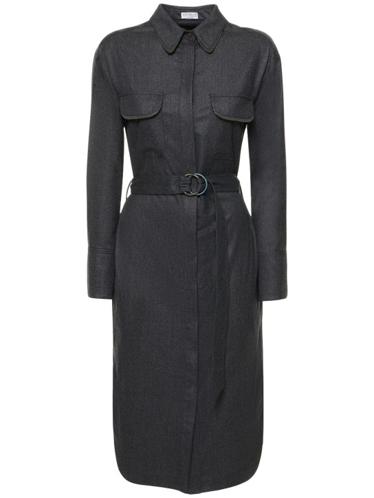 Brunello Cucinelli: Belted wool flannel midi shirt dress - Dark Grey - women_0 | Luisa Via Roma