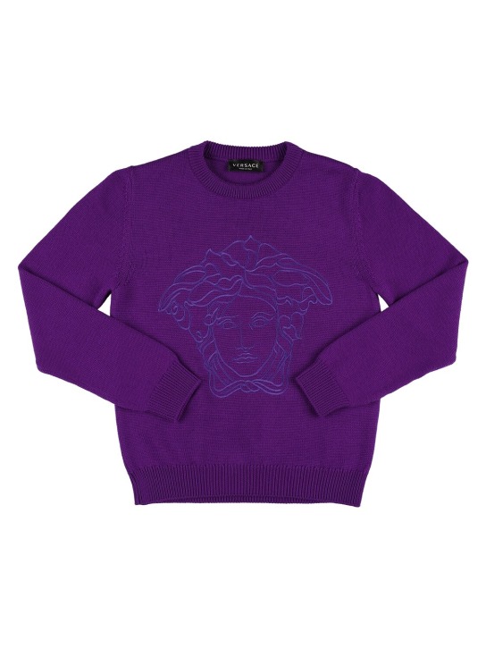 Versace: Medusa embroidery wool sweater - Purple - kids-boys_0 | Luisa Via Roma