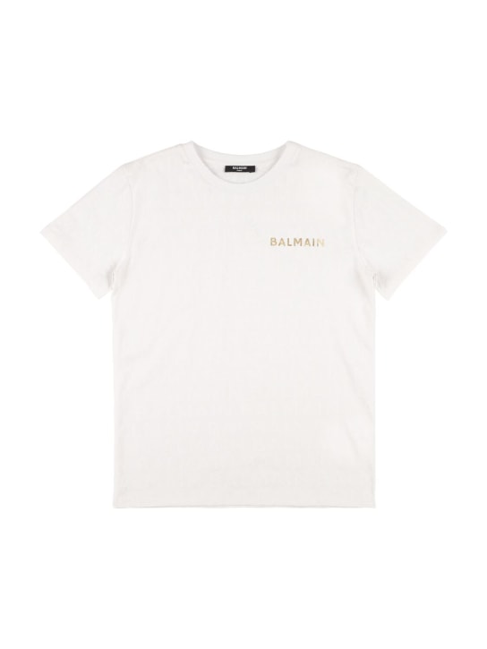 Balmain: Camiseta de jersey de algodón orgánico con logo - Blanco - kids-girls_0 | Luisa Via Roma