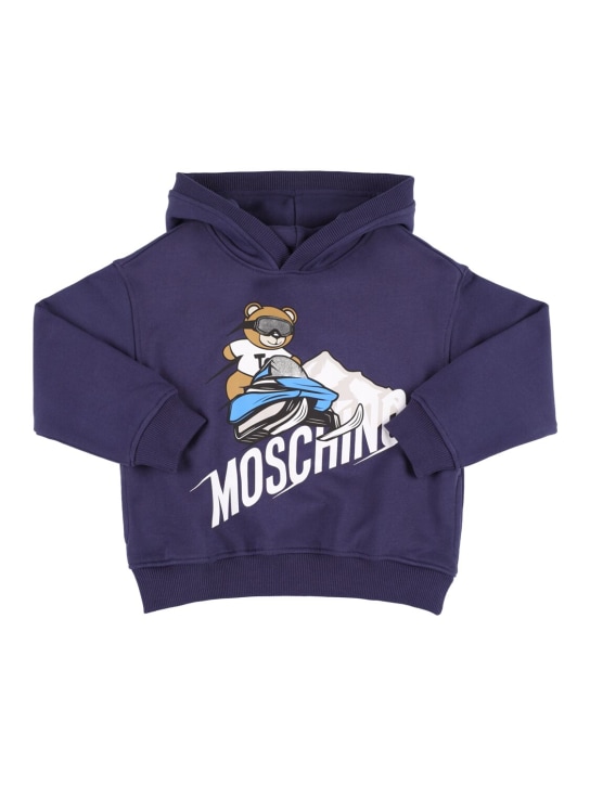 Moschino: Sweat-shirt en coton imprimé à capuche - Bleu Marine - kids-boys_0 | Luisa Via Roma