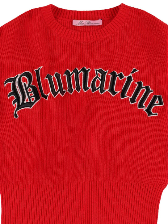 Miss Blumarine: Pull-over en maille de laine mélangée à logo - Rouge - kids-girls_1 | Luisa Via Roma