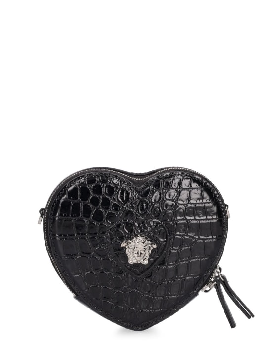 Versace: Heart croc embossed leather shoulder bag - Black - kids-girls_0 | Luisa Via Roma