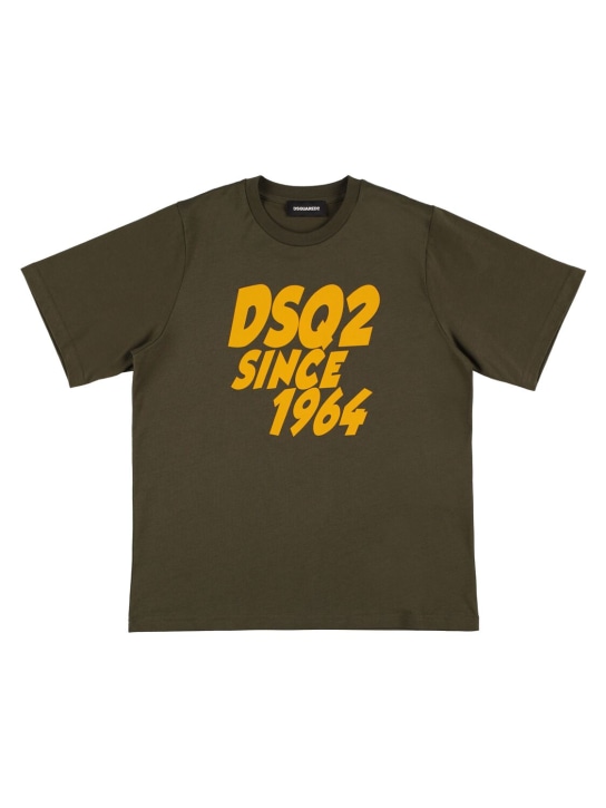 Dsquared2: T-shirt en jersey de coton imprimé logo - Vert Militaire - kids-boys_0 | Luisa Via Roma