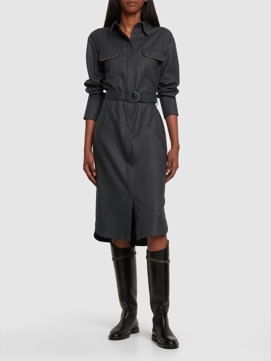 Brunello Cucinelli: Belted wool flannel midi shirt dress - Dark Grey - women_1 | Luisa Via Roma