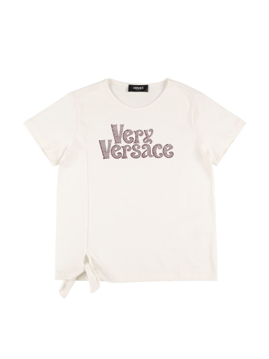 Versace: T-shirt en jersey de coton imprimé logo avec noeud - Blanc - kids-girls_0 | Luisa Via Roma