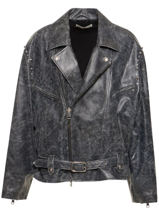 Alessandra Rich: Studded leather oversize biker jacket - Grey - women_0 | Luisa Via Roma