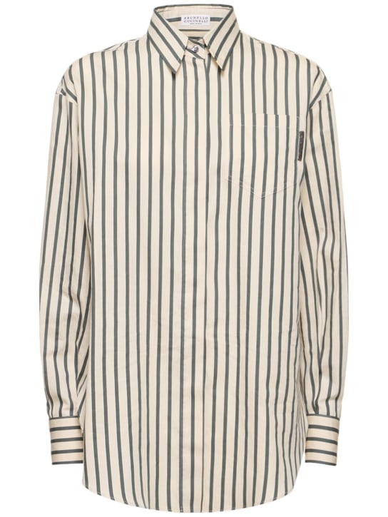 Brunello Cucinelli: Striped cotton & silk shirt - Beige/Grün - women_0 | Luisa Via Roma