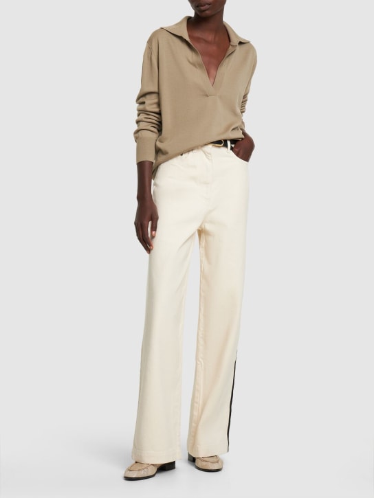 Peter Do: Cotton denim wide jeans w/ side stripes - Off-White - women_1 | Luisa Via Roma