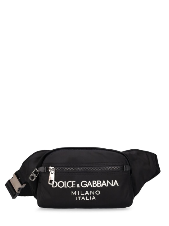 Dolce&Gabbana: Sac banane en nylon à logo caoutchouté - Noir - men_0 | Luisa Via Roma
