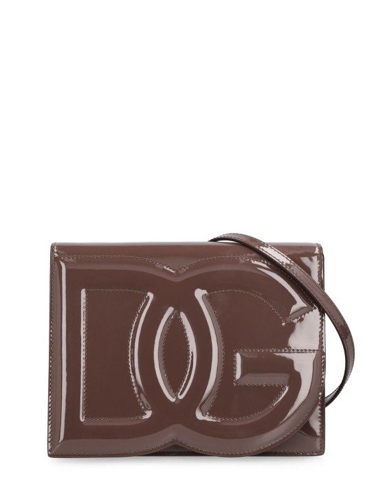 Dolce&Gabbana: Logo patent leather shoulder bag - Fango - women_0 | Luisa Via Roma