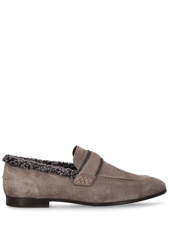Brunello Cucinelli: 10毫米麂皮&剪羊毛乐福鞋 - 深灰色 - women_0 | Luisa Via Roma