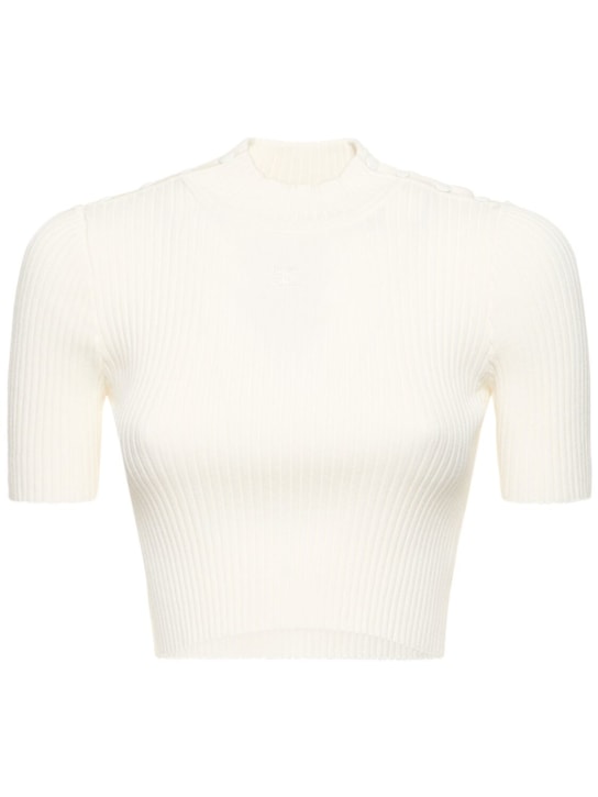 Courreges: Shoulder snaps rib knit crop sweater - White - women_0 | Luisa Via Roma
