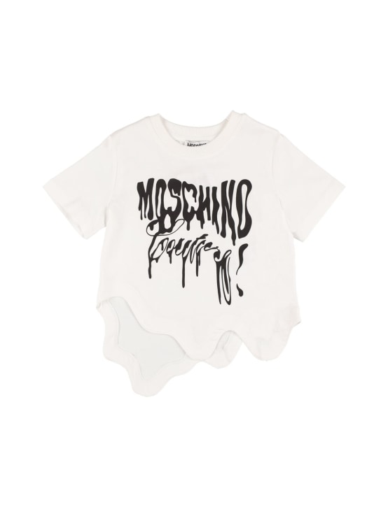 Moschino: T-shirt asimmetrica in jersey di cotone con logo - Bianco - kids-boys_0 | Luisa Via Roma