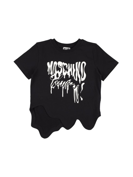 Moschino: T-shirt asimmetrica in jersey di cotone con logo - Nero - kids-boys_0 | Luisa Via Roma