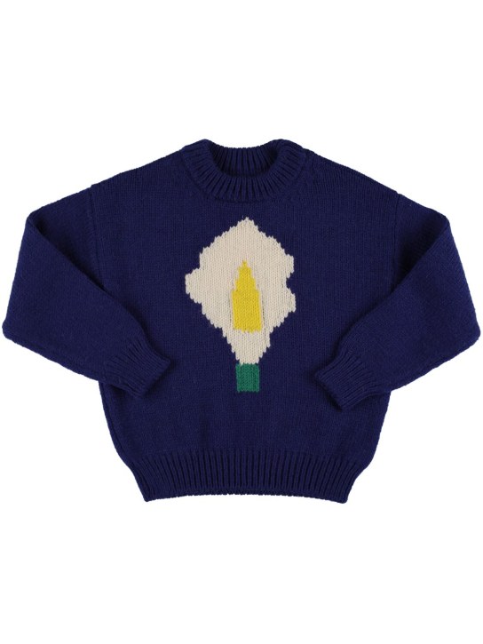 The Animals Observatory: Flower intarsia wool tricot knit sweater - Navy - kids-girls_0 | Luisa Via Roma