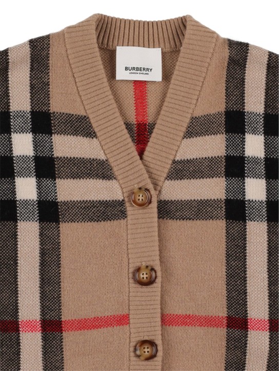Burberry: Cardigan in maglia di misto lana check - Beige - kids-boys_1 | Luisa Via Roma