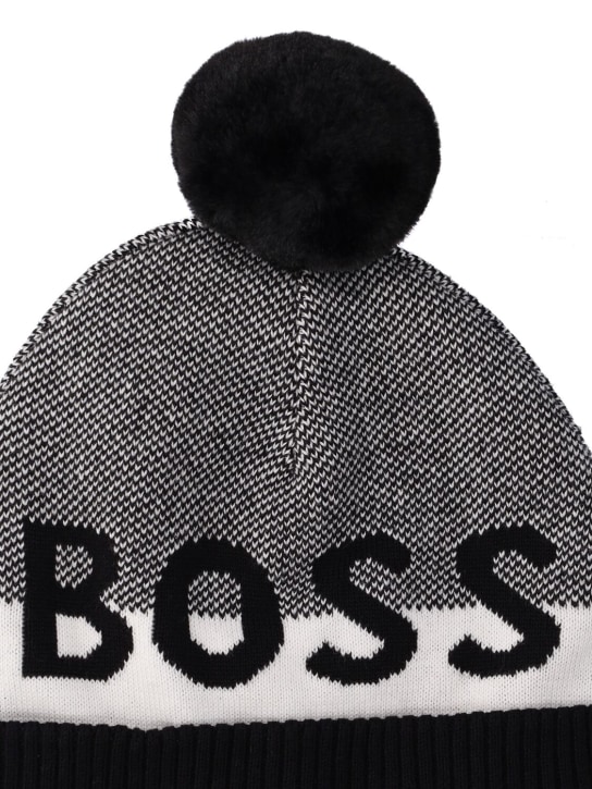 Boss: Jacquard logo cotton beanie hat w/pompom - kids-boys_1 | Luisa Via Roma