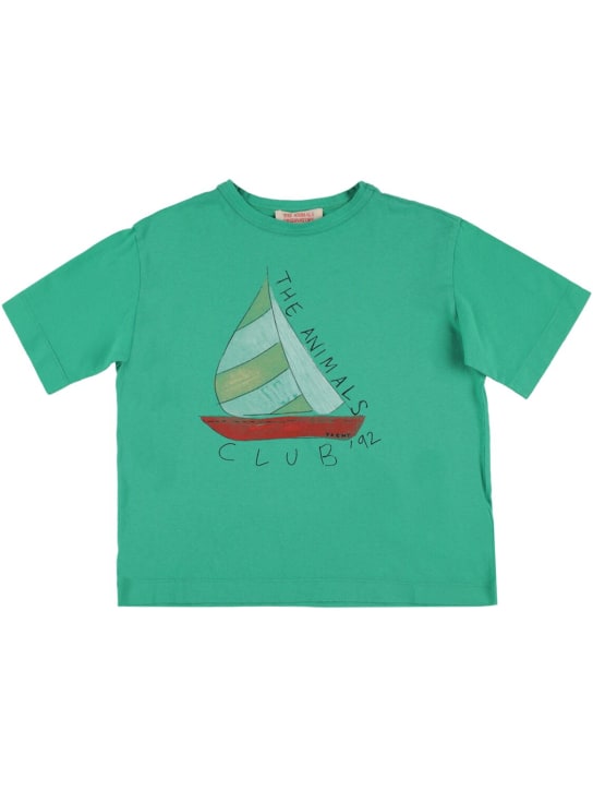 The Animals Observatory: T-shirt en coton biologique imprimé bateau à voile - Vert - kids-girls_0 | Luisa Via Roma