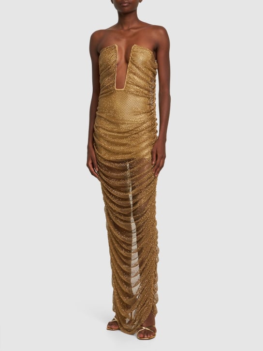 Giuseppe Di Morabito: Embellished embroidered mesh midi dress - Gold - women_1 | Luisa Via Roma