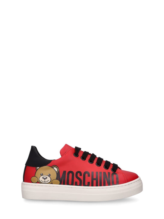Moschino: Leather lace-up sneakers w/logo - Red - kids-girls_0 | Luisa Via Roma