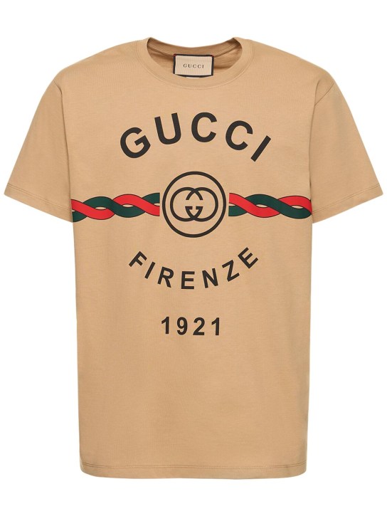 Gucci: Camiseta de algodón con logo estampado - Camel/Multi - men_0 | Luisa Via Roma