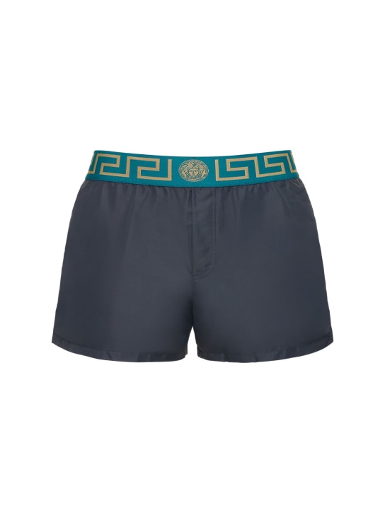 Versace: Greca logo nylon swim shorts - Anthracite - men_0 | Luisa Via Roma
