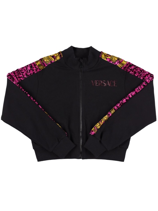 Versace: Sweat-shirt court en coton à logo brodé - Noir - kids-girls_0 | Luisa Via Roma