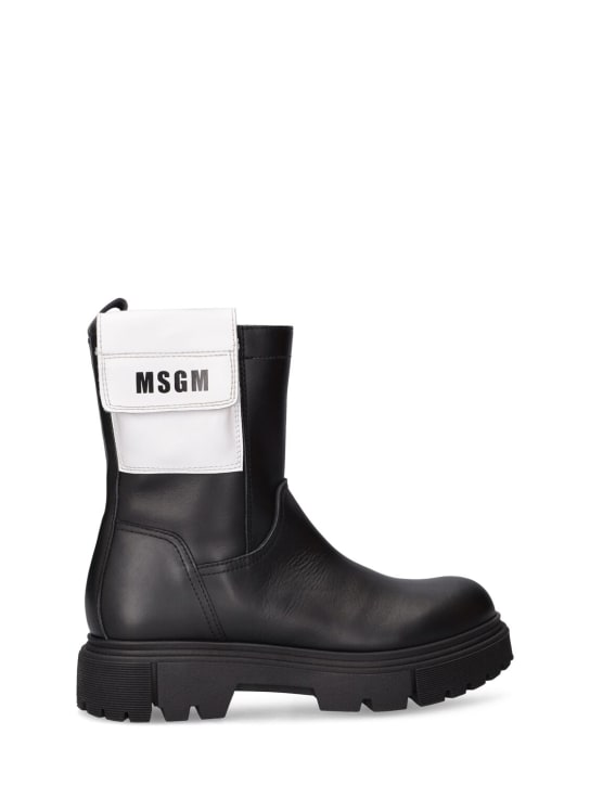 MSGM: Leather high boots w/logo pocket - Black - kids-girls_0 | Luisa Via Roma