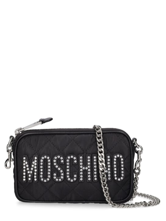 Moschino: Crystal logo quilted nylon shoulder bag - women_0 | Luisa Via Roma