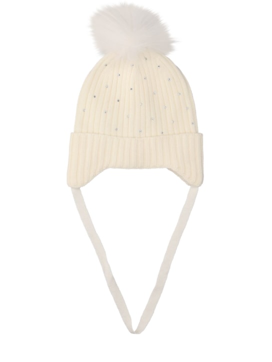 Monnalisa: Embellished wool hat w/ faux fur pompom - White - kids-girls_0 | Luisa Via Roma