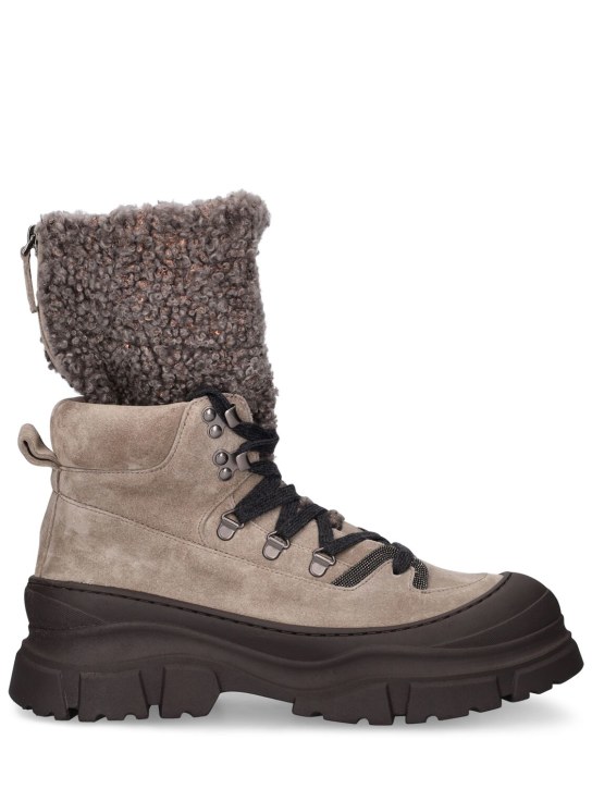 Brunello Cucinelli: 30mm Suede & shearling hiking boots - Taupe - women_0 | Luisa Via Roma