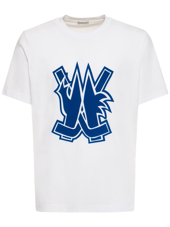 Moncler: Logo patch cotton jersey t-shirt - White/Blue - men_0 | Luisa Via Roma