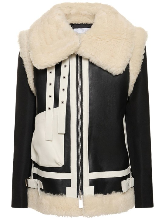 Sacai: Oversized faux shearling jacket - Black/Ecru - women_0 | Luisa Via Roma
